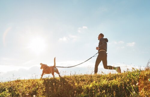 Mand nyder at løbe med en hund
