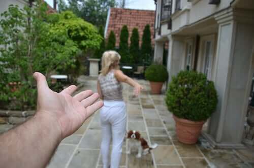 Mand rækker hånd ud mod kvinde og hund som symbol for fælles myndighed over et kæledyr