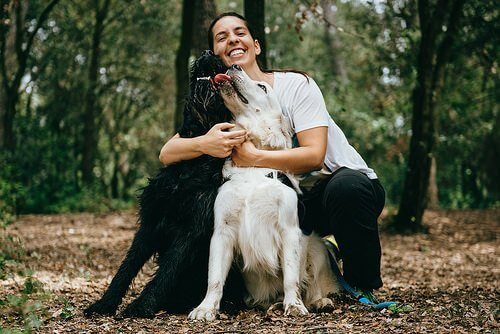 Smilende kvinde i skov med to hunde