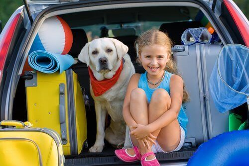 Pige og hund i bil med kufferter