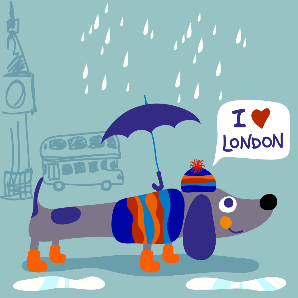 un dessin d'un chien sous la pluie avec "I love London"