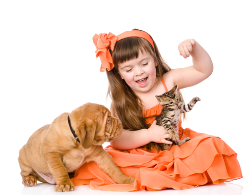Une petite fille joue avec un chiot et un chaton