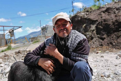 homme qui prend dans ses bras un chien après un tremblement de terre