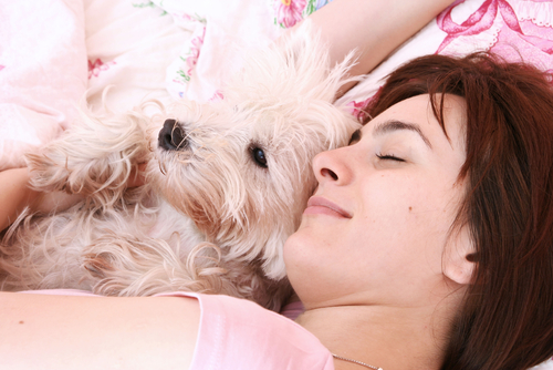 un femme et un petit chien qui dorment ensemble
