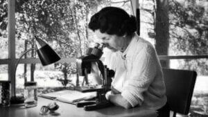 Rachel Carson som ser inn i et mikroskop