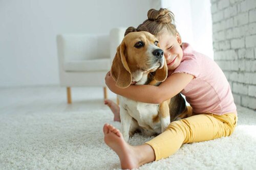 Dziewczynka przytula się do psa, a czy psy są droższe w utrzymaniu?