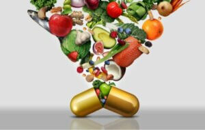 En vitamintablett fylld av frukt och grönsaker