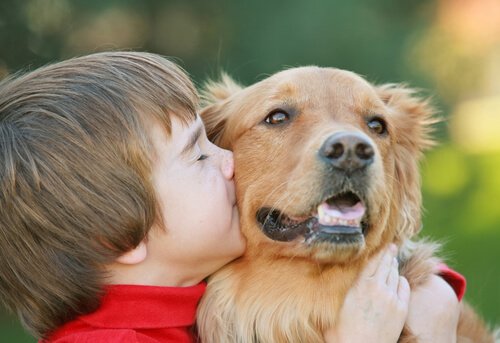 Boy hugging and kissing his dog