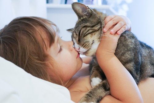 little girl kissing cat