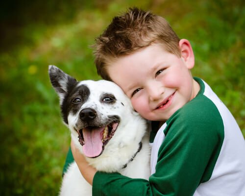  Young boy hugging a dog