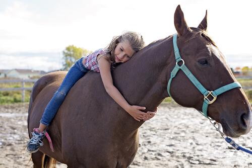 A girl hugging her horse.