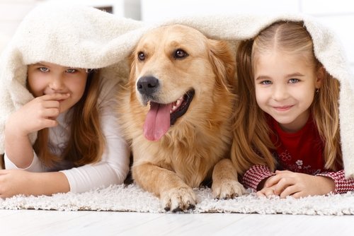 Two children with their dog.