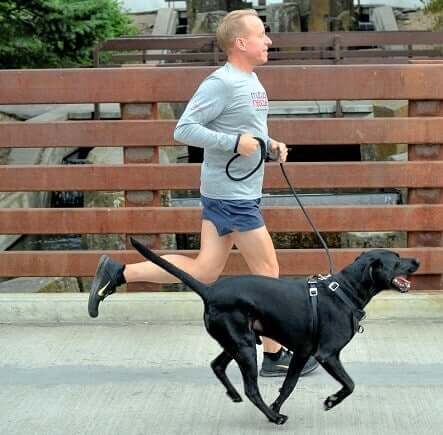 A dog and their owner running along.