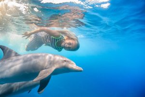 A girl swimming with dolphins.