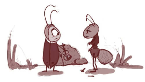 A grasshopper standing next to an ant.