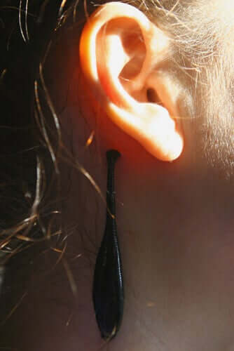 A medicinal leech attaching itself under someone's ear.