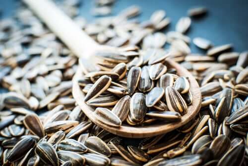 A picture of sunflower seeds and a wooden spoon.