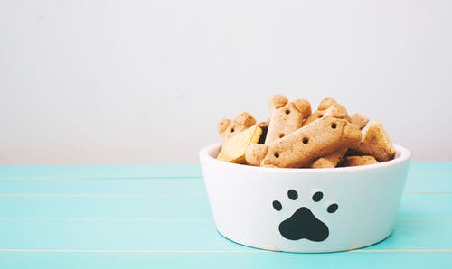 A picture of a bowl with dog treats.