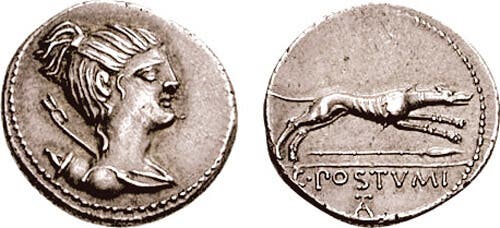 An ancient coin featuring a wolf.