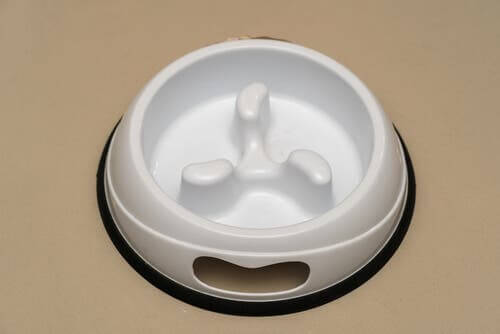 A pet food bowl with obstacles.