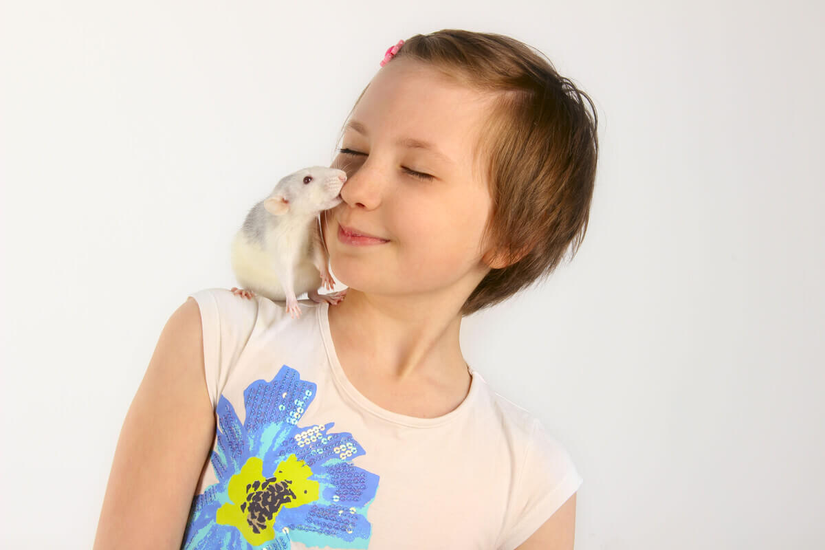 A young girl playing with a rat on her shoulder.