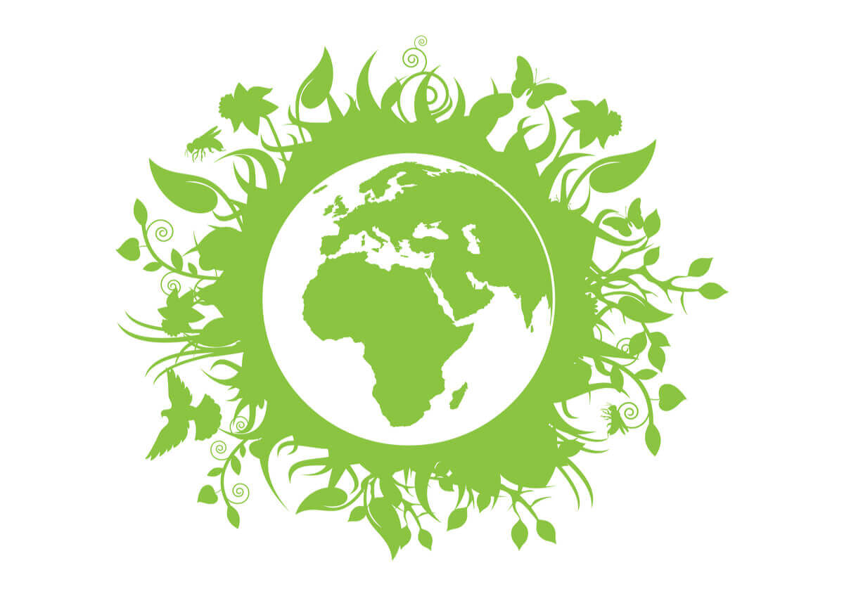 A blue and green image of the glob surrounded by a green circle with plants coming out of it.