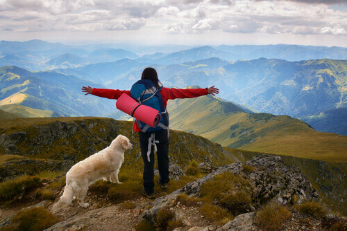 A woman and a dog on top of the world.