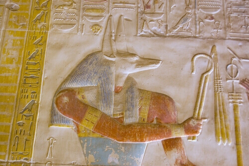 An ancient carving a Anubis.