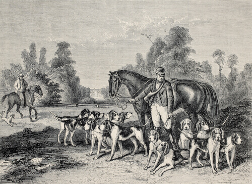A painting of two horseman and numerous dogs.